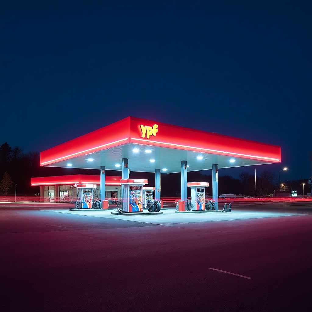 Estación YPF iluminada por la noche