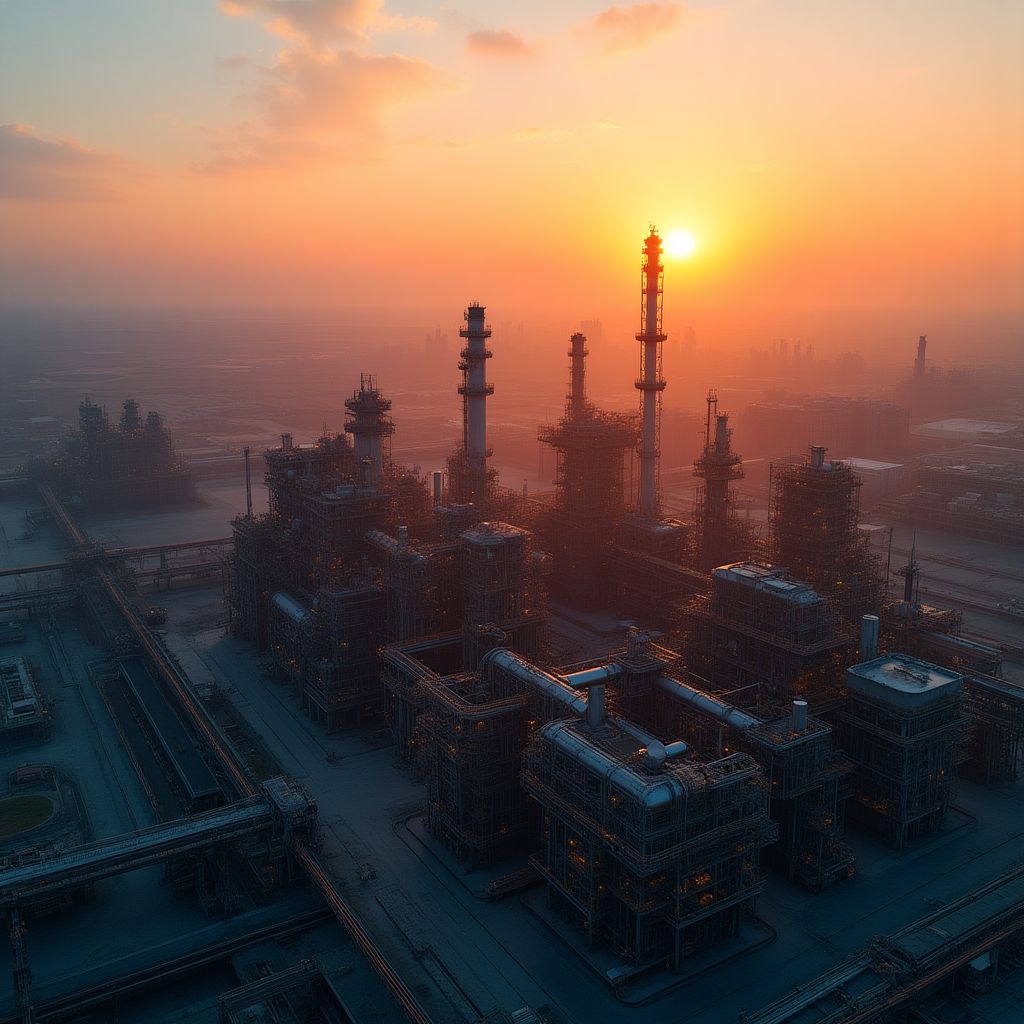 Vista aérea de una refinería de YPF al amanecer